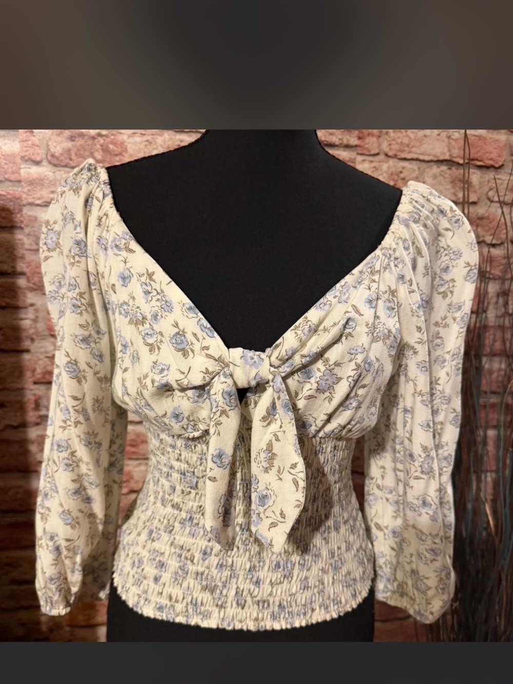 Floral Tie-Front Smocked Blouse - Cream & Blue